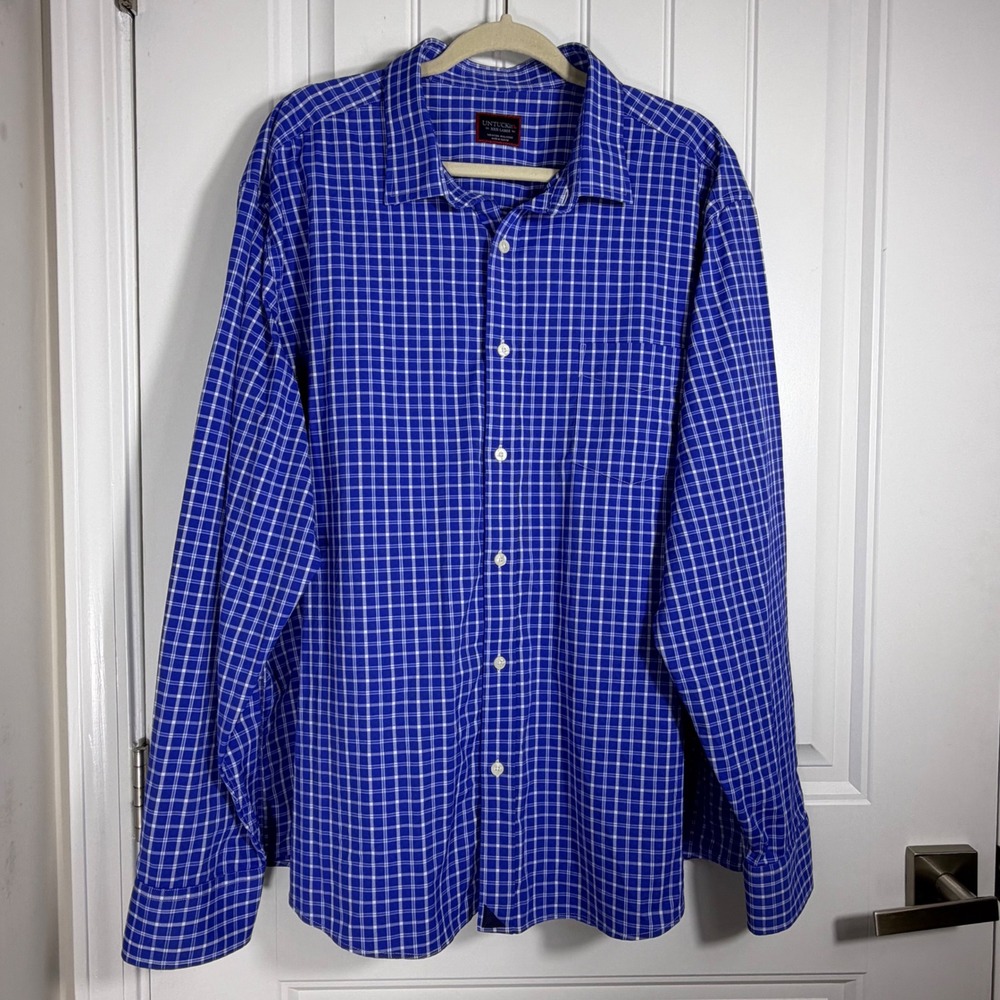 UNTUCKit Mens XXXL Blue White Grid Check Long Sleeve Performance Button Down